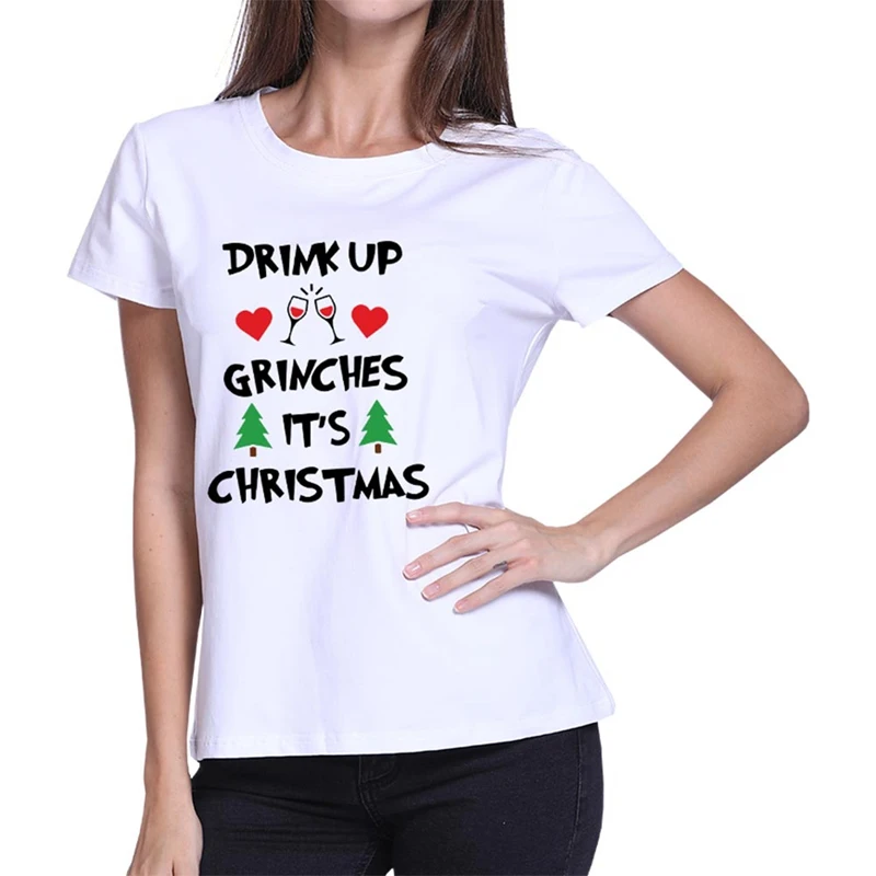 Футболка с надписью DRINK UP GRINCHES, Женская рождественская футболка с коротким рукавом и круглым вырезом, Женская Повседневная Уличная одежда, пуловер Harajuku, топы