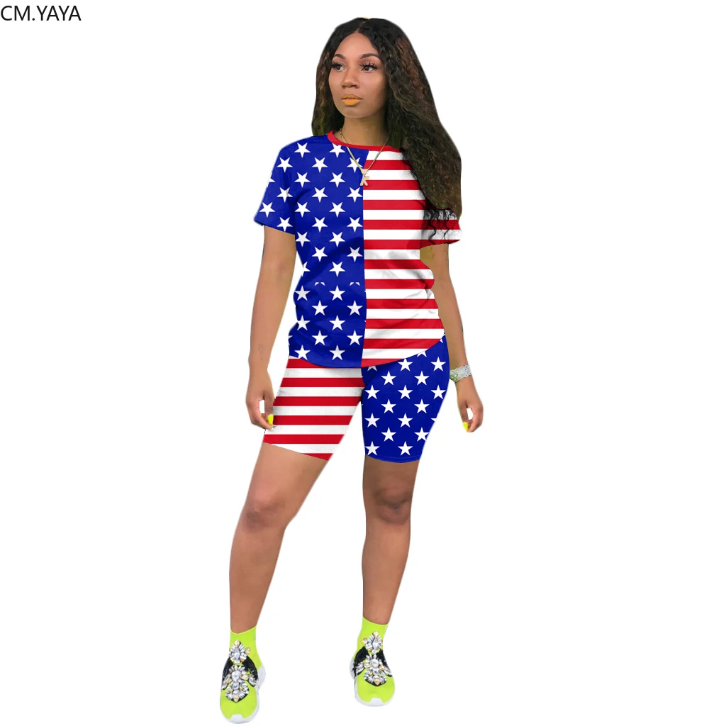 2020 Summer Women American Flag Print Two Pieces Sets Tracksuits Tee Tops Shorts Leggings Suit Sporty Fitness 2 pcs Outfit GL777 | Женская