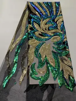 

Green New French Nigerian sequin net lace,African Black tulle mesh Sequence lace fabric high quality for wedding dress 5yard/lot