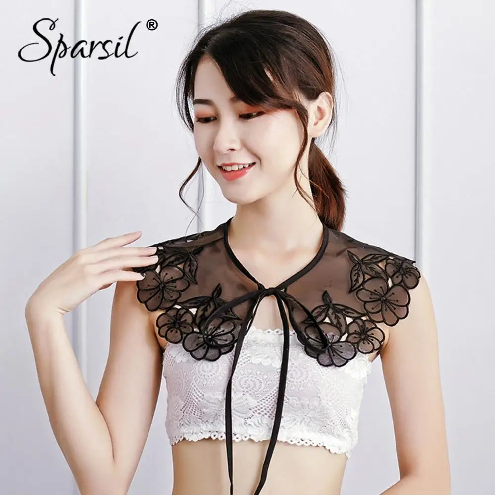 

Sparsil Women Hollow Lace Fake Collar Ties Black White Retro Embroidery Neck Tie Female Princess Dress Shirt Detachable Collars
