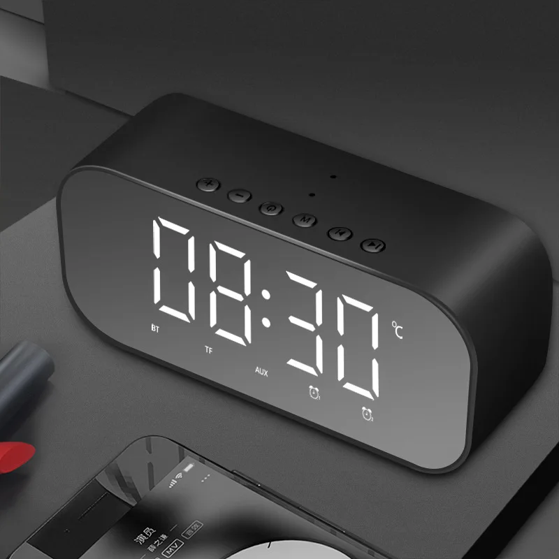 new Bluetooth Speaker with FM Radio LED Mirror Alarm Clock Subwoofer