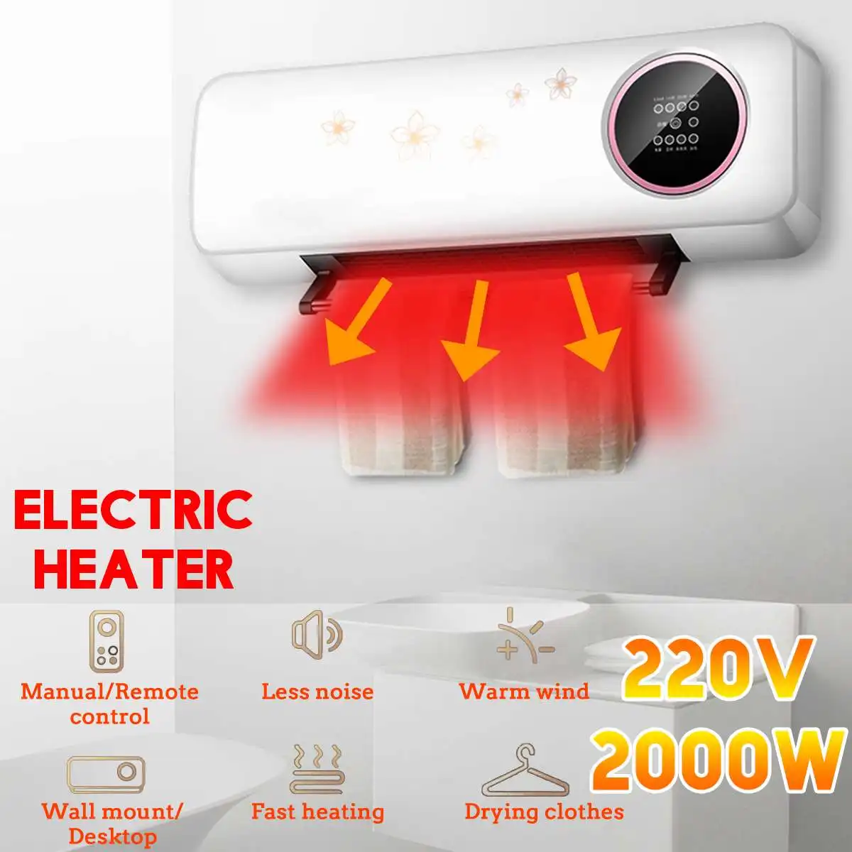 

220V Wall-Mounted Electric Heater Waterproof Remote Control Air Conditioning Machine Heat Energy Saving 3 Gears Warm Device Home