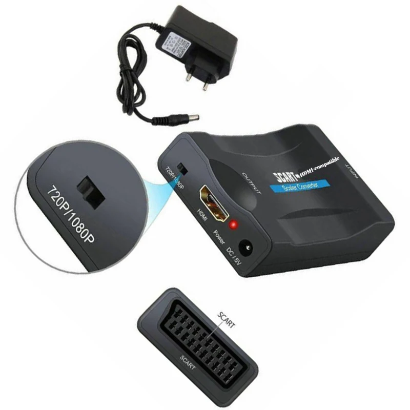 SCART To HDMI-compatible Video Audio Converter AV Signal Adapter Receiver For HDTV Sky Box STB TV DVD With EU Power Plug 1080P HDMI To AV Adapter Audio Video Converter Adapter