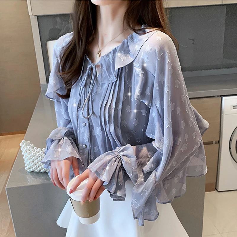 

COIGARSAM Korea Style Shirt Womens tops New Spring Office Lady Ruffles Print Full Sleeve Chiffon Loose Women shirts Blue 905