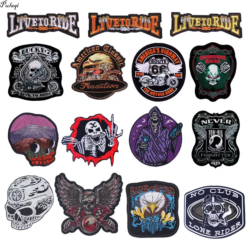 

Pulaqi Fine Motorcycle Embroidered Patch Iron On Patches Punk Skull Badges Stripes Biker Patches For Clothing Fabric Accessories