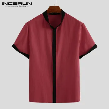 

Fashion Men Dress Shirt Patchwork Short Sleeve Streetwear Button Stand Collar Casual Mens Business Shirts Brand Camisa INCERUN