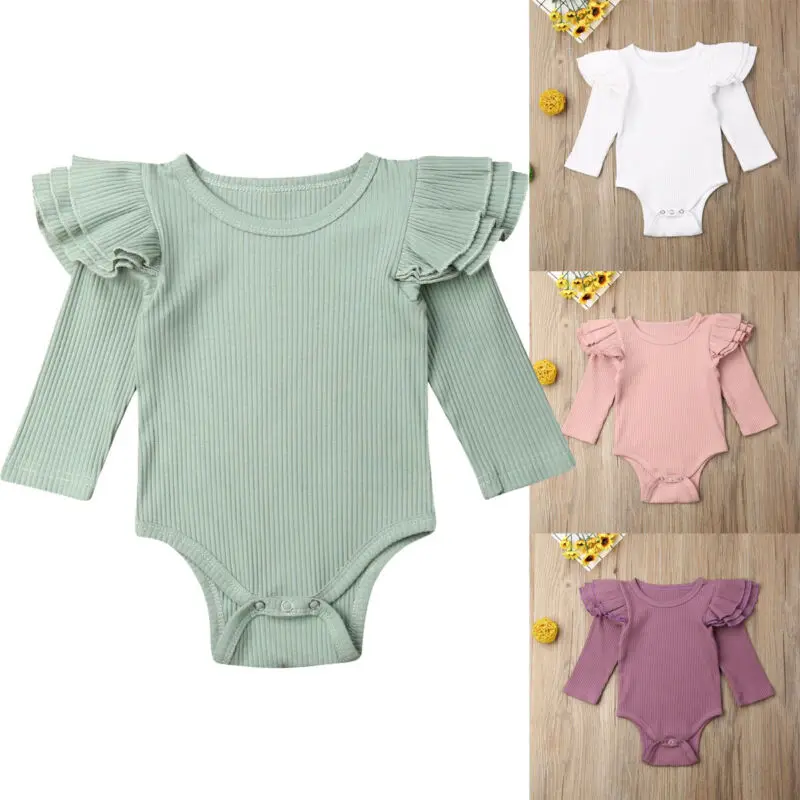 Newborn Baby Girl Bodysuits Winter Solid Ruffle Bodysuits Girl Long Sleeve Jumpsuit Bodysuit Outfit Knitted Baby Clothes