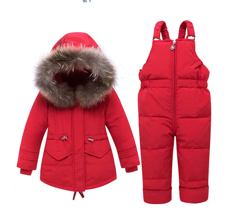 Комплект одежды для детей, коллекция года, зимний пуховик для маленьких девочек, одежда, пальто, брючный костюм парка для мальчиков комбинезон с натуральным мехом, детская одежда - Цвет: Красный