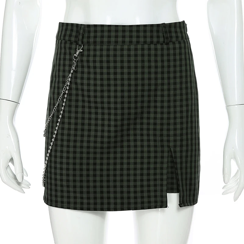 HEYounGIRL Повседневная клетчатый карандаш юбка с цепочками корейский стиль высокая талия юбки для женщин Сплит Harajuku клетчатая мини-юбка Уличная