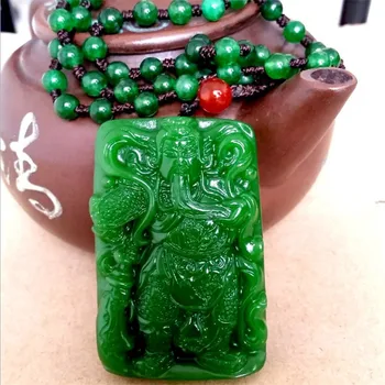 

Natural spinach green jade wucai god big knife off feather necklace pendant and Tian Yuguan public pendant sweater chain hanging