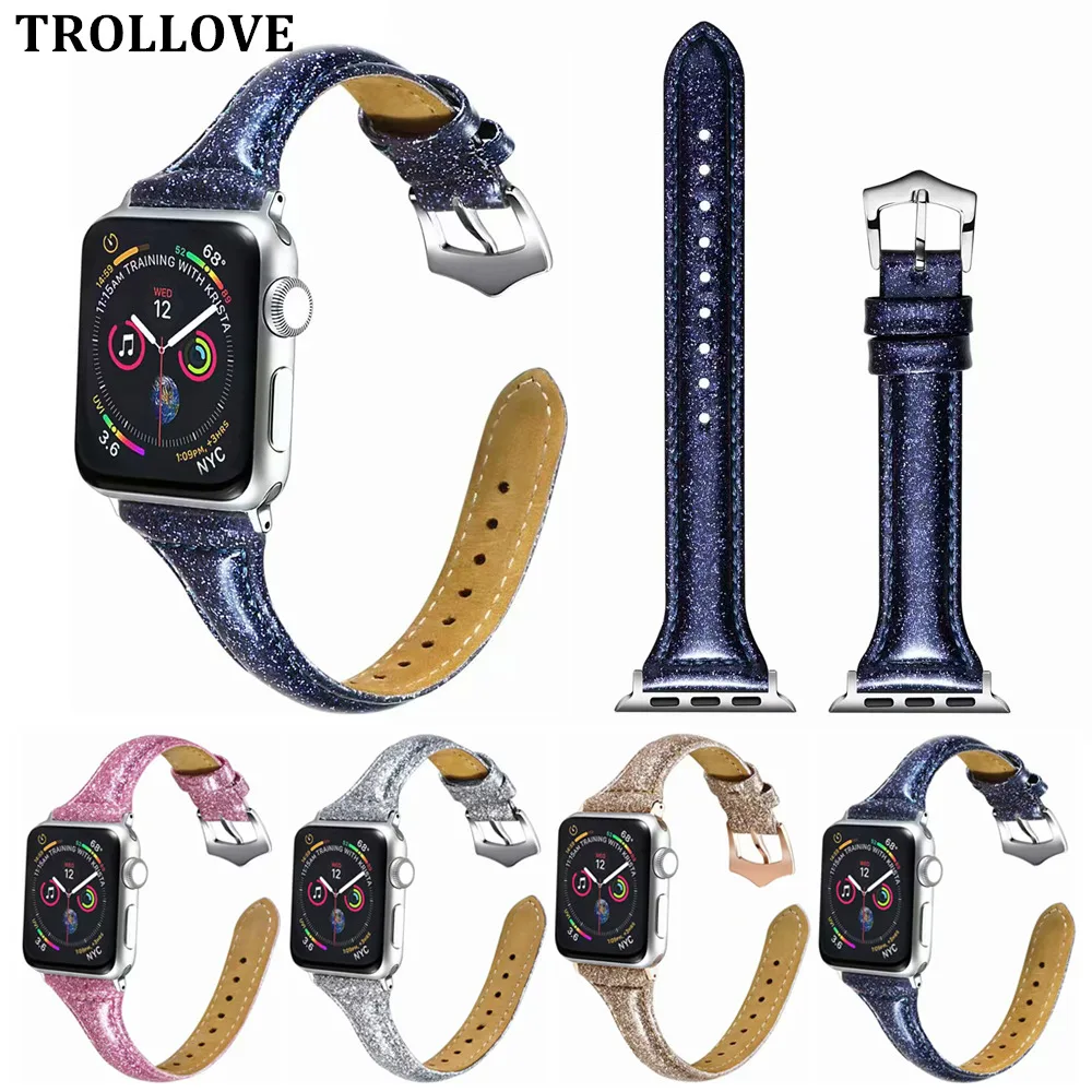 Для наручных часов Apple Watch серии 3/2/1 38 мм 42 мм из блестящей кожи, на платформе, для наручных часов iWatch, сменный ремешок series4 40 мм 44 мм тонкий кабель-браслет на запястье