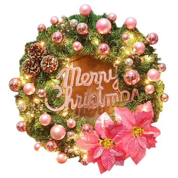 

40cm Lighted Christmas Wreath With Flower Pine Cones And Decorative Ball Front Door XH8Z