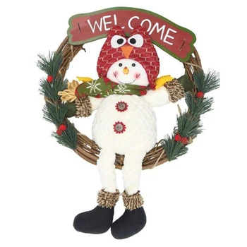 

1 Pcs Rattan Christmas Wreath Garland with Red Hat Snowman Doll and Wooden Welcome Sign Holiday Hanging Wall Window