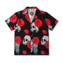 Verão nova tendência dos homens rosa crânio impresso havaiano manga curta camisas homens botão acima oversized hawaii praia camisa chemise homme