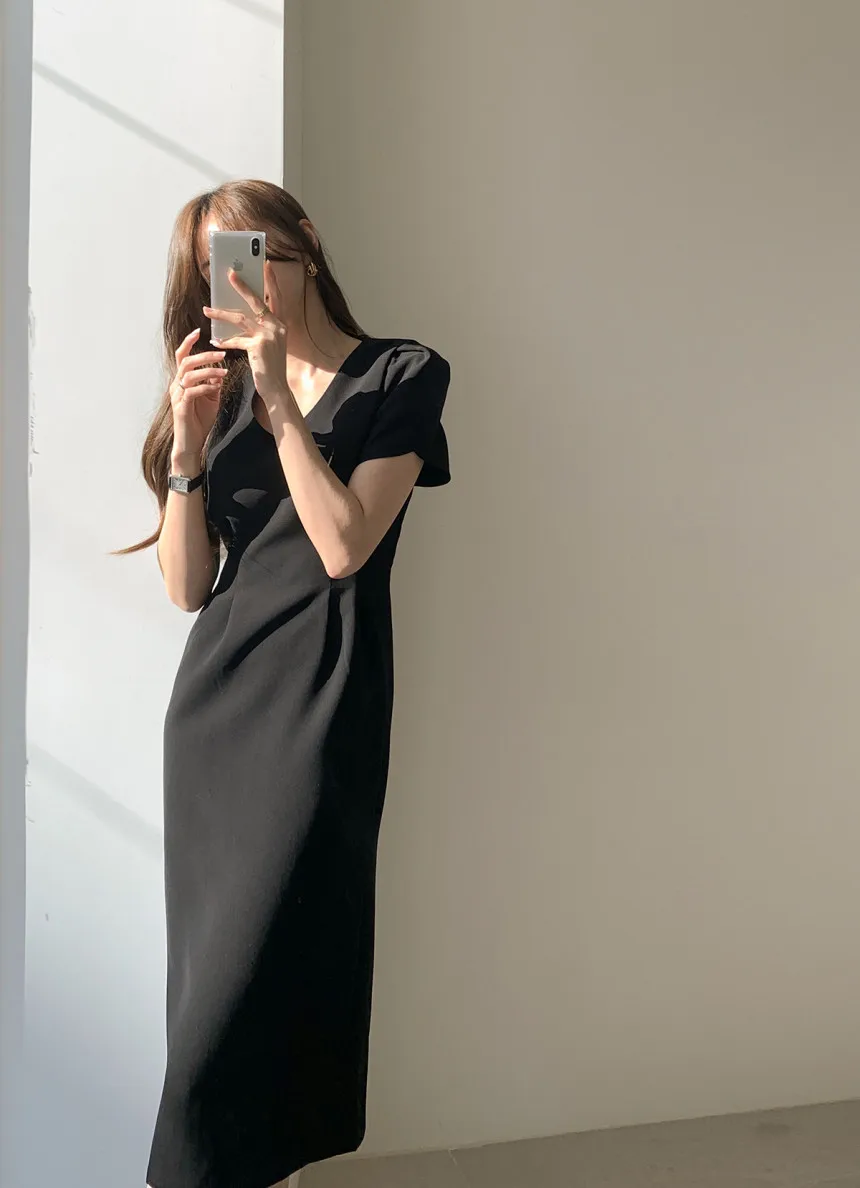 Woherb Korean Chic Women Dress Short Sleeve Casual V-Neck Elegant Office Lady Dresses 2020 New Slim Waist Robe Vestidos Mujer