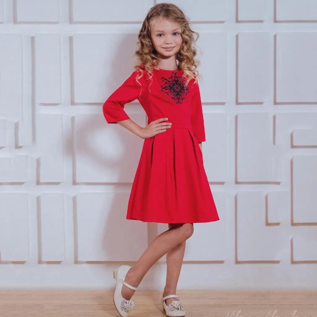 elegant Christmas Children Kids Printed Three Quater Sleeve Family Clothes Mini Dress Long Flower o Neck | Детская одежда и обувь