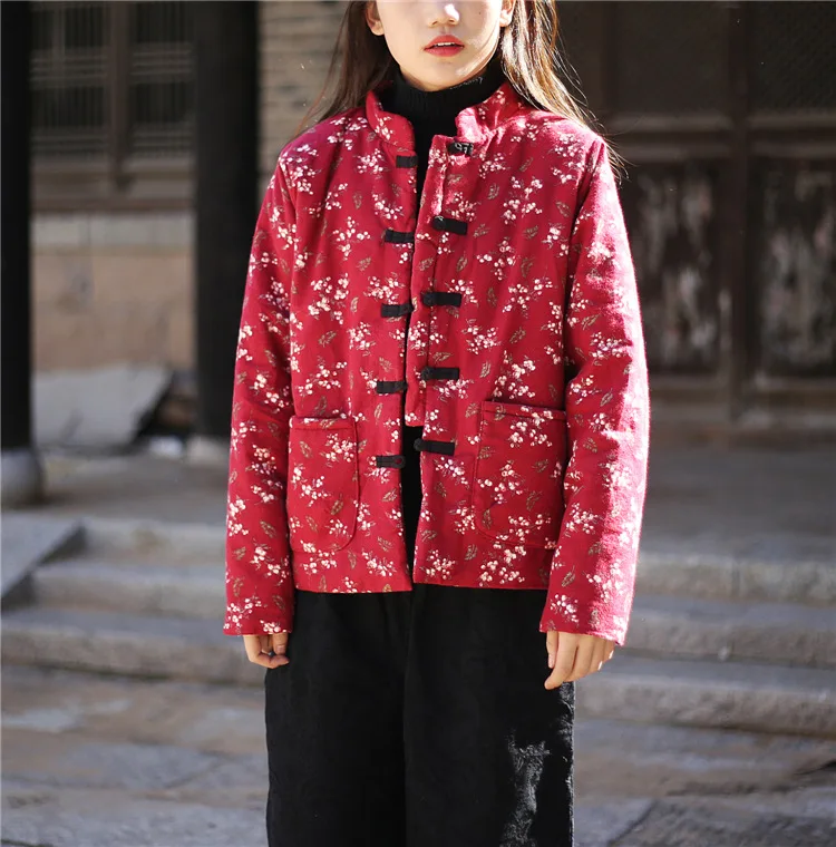 

18 New Small Warm Vintage Literature And Art Strawberry Printed Warm Brushed Stand Collar Chinese Style Cotton-padded Clothes Tw