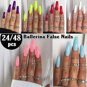 

24/48Pcs/Set False Ballerina Colorful Coffin Fake Nails Manicure Natural Transparent Nails for Extension Protection Nail Art Kit