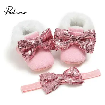 

Party Ballerina Booties Christening Baptism Kid Girls Baby Shoes For Baby Set Sequins Girl Baby Shoes First Walker With Headband