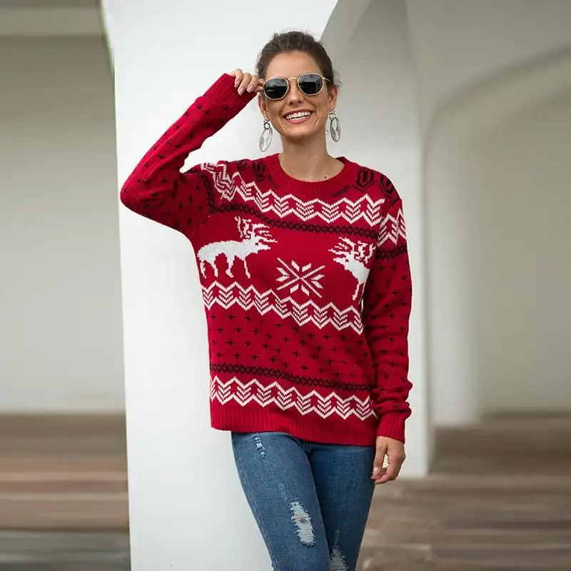 Осенне-зимний свитер женский с принтом оленя Рождественский подарок трикотажный свитер Повседневный пуловер с длинными рукавами Sueter Mujer Invierno - Цвет: 2