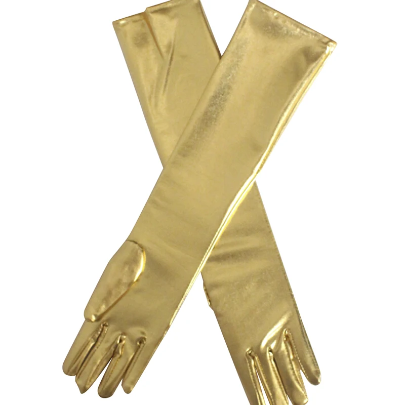 

Gold Silvery Wet Look Fake Leather Metallic Gloves Evening Party Performance Mittens Women Sexy Elbow Length Long Latex Gloves