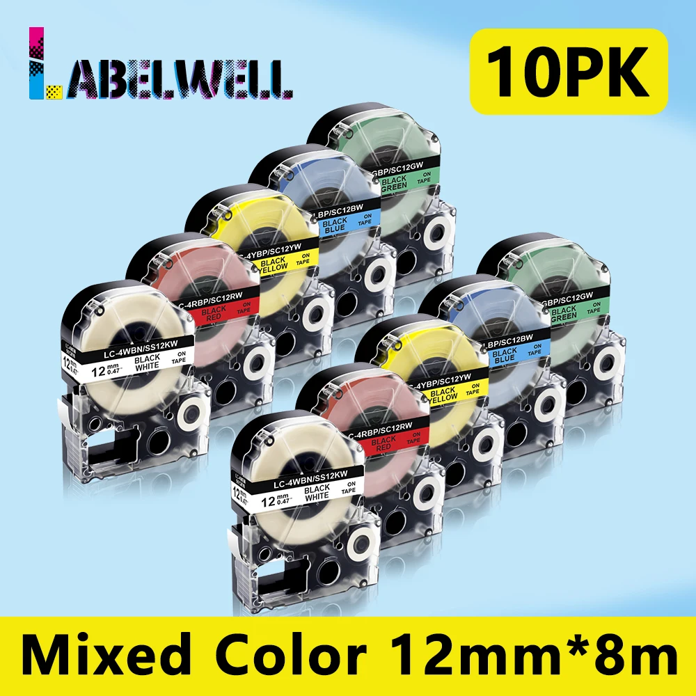 Labelwell 12 мм 6 цветов SS12KW LC-4WBN совместимый для Epson принтер этикеток LW-300 LW-400 SR530C ленты
