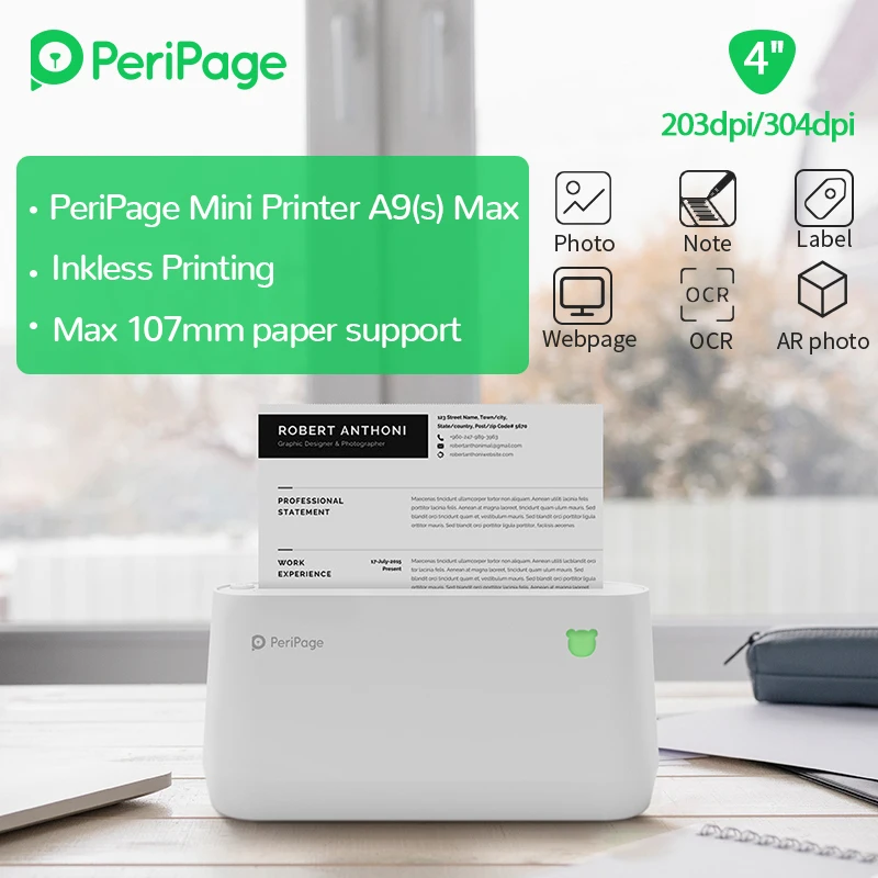 

PeriPage Portable Thermal Bluetooth Printer 4" A9(s) Max Thermal Photo Label Receipt Sticker Mini Printer