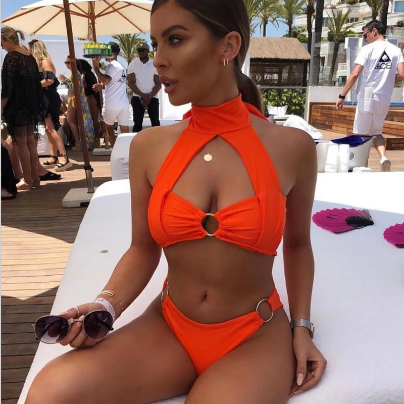 

2019 Newest Sexy Women Swimsuit Orange Thong Bikini Turtleneck Bandage Two Piece Swimwear