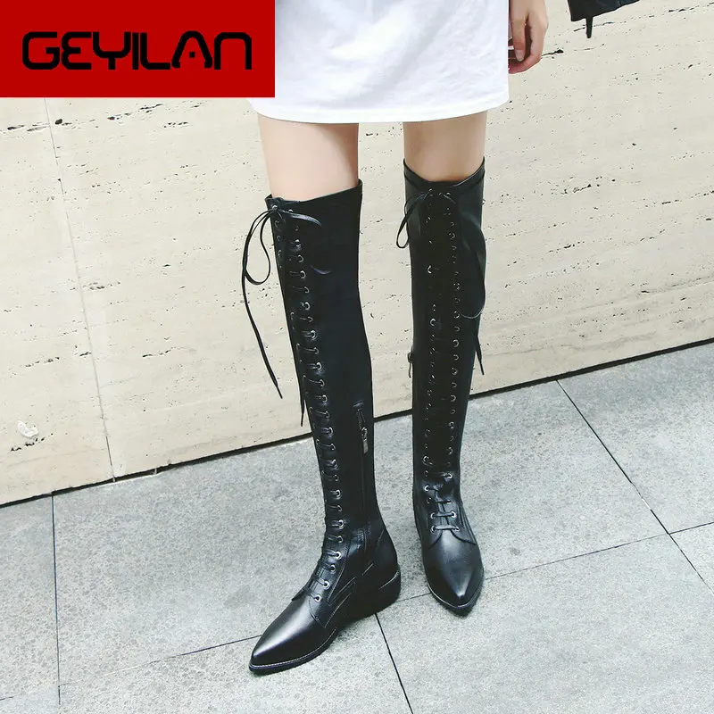 

Cow Leather Stretch Over the Knee High Boots Women Flat Heel Thigh Boots Fashion Pointed Toe Zipper Autumn Winter Shoes Woman