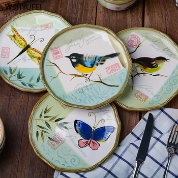 

Hand-painted ceramic flower and bird plate creative home steak fruit dessert cake bread plate square painted ceramic tableware