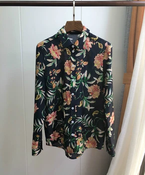 

CAMIA Vintage blouse women Forest Print Silk Turn-down Collar Long Sleeve Button women tops