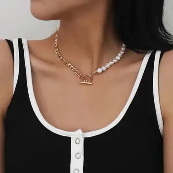

KMVEXO Kpop Baroque Pearl Choker Collar Necklaces 2020 Minimalist Gold Color Box Chains Toggle Clasp Necklace for Women Girls