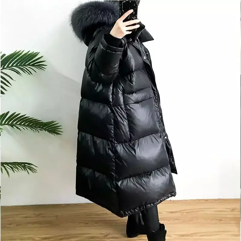 Большой натуральный мех енота зимний женский пуховик длинное плотное теплое пальто белый пуховик женский плюс размер пальто