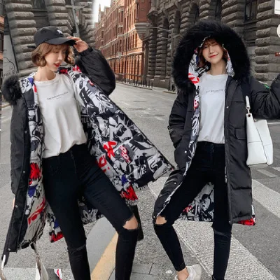 

South Korea Dongdaemun 2019 down Jacket Women's Mid-length Large Fur Collar Loose-Fit Double-sided Wear Cotton Overcoat Fat Mm