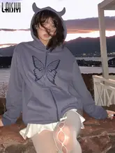 Y2K Butterfly Print Oversize Hoodie Fleece Top Zipper Devil Hooded Sweatshirts Dark Thicken Jackets Cute Cardigan 2022 Spring