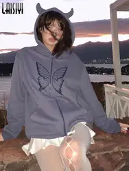 Y2k borboleta impressão oversize hoodie velo topo zíper diabo camisolas com capuz escuro engrossar jaquetas cardigan bonito 2022 primavera