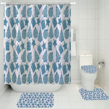 

3/4 Pieces Blue Cartoon Shower Curtains Sets Merry Christmas Rugs Home Textile Bathroom Mat 3D Print For Kids Gift Bath Sets