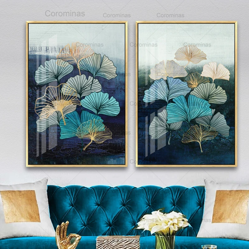 Nordic Canvas Painting Blue Green Yellow Gold Plant Leaf Abstract Posters and Prints Wall Art Modern Living Room Home Decoration | Дом и сад