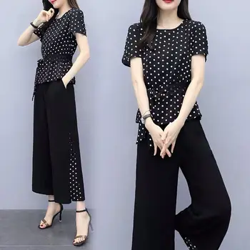 

Women chiffon short sleeve o-neck dot top wide leg pants 2 piece set for female women tops pants two pieces sets women's suits
