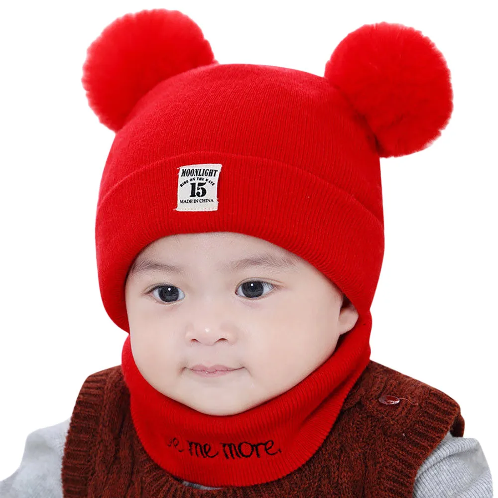 Шапка для новорожденных мальчиков и девочек, шапка с помпонами, детский чепчик, зимняя теплая вязанная шапочка, Удобный шарф, комплект
