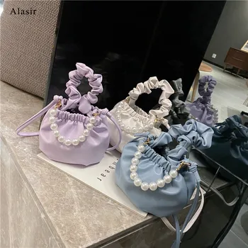 

Alasir Summer Mini Shoulder Bags Retro and Fashion Pearl Bucket Bag Women Messenger Bag Female Cute PU Handbag Ruched Small Bags