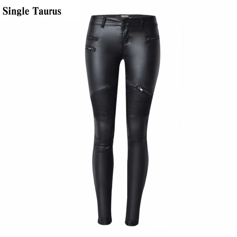 Europe America Moto Birker PU Jeans Women Fashion Zipper Low Waist Push Up Sexy Leather Trousers White Skinny Pencil Pants Mujer blue jeans