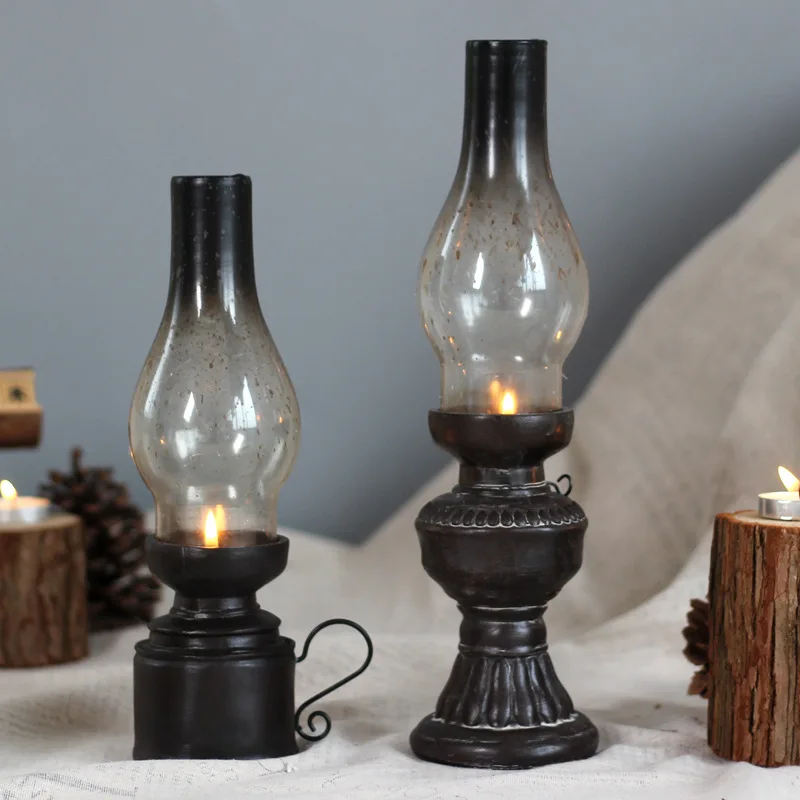 AUNMAS Resin Crafts Nostalgic Vintage Glass Kerosene Lamp Candle Holder for Home Office Decoration 1# 