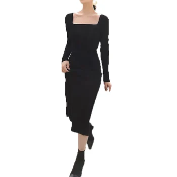 

Women Knitted Vintage Maxi Dress 2020 New Autumn and Winter Retro Temperament Elegant Black Knit Long Sleeve Dress Female NS2331