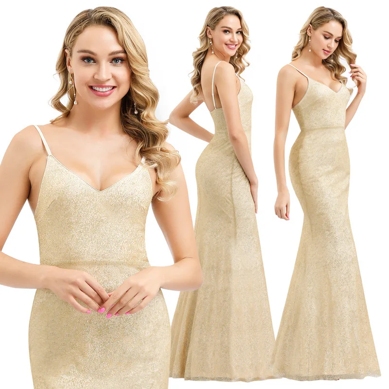 

Mermaid Evening Dresses Sparkling Sequin Women Party Dress R164 V-Neck Backless Robe De Soiree Spaghetti Strap Formal Vestidos