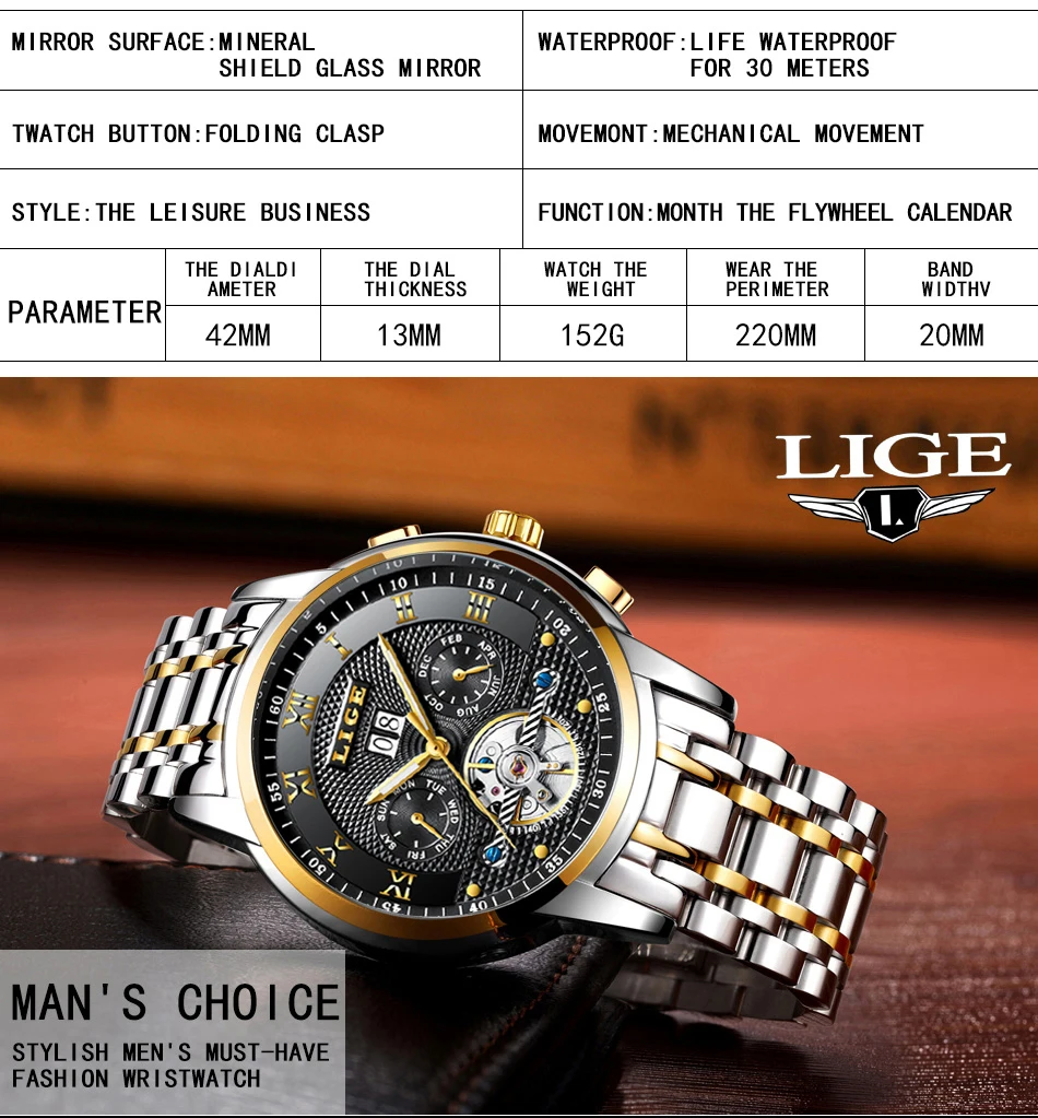 Relogio Masculino LIGE Mens Watches Top Brand Luxury Automatic Mechanical Watch Men Full Steel Business Waterproof Sport Watches