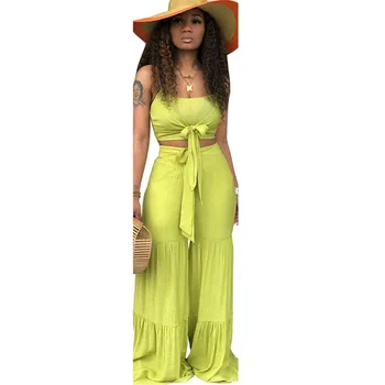 

Summer 2 Piece Outfits for Women Casual Style Solid Color Sleeveless Spaghetti Strap Sling Short Tops+loose Long Flare Pants