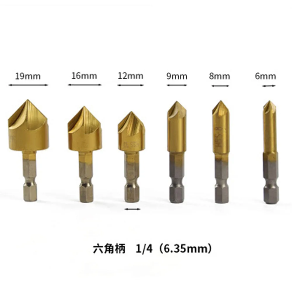 

6pcs 90 degree 5 flute chamfer tianuim coating Countersink Drill Bit 1/4 Hex Shank Drill Press Countersink Boring Bit