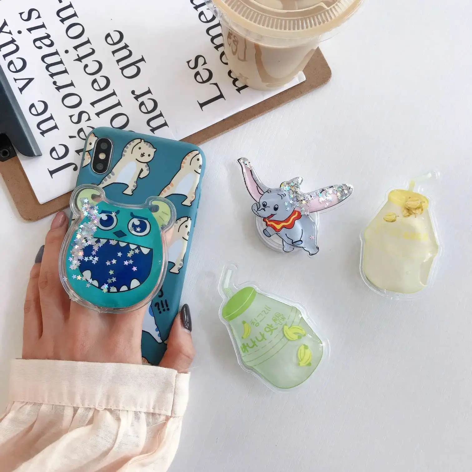 

Newed Glitter quicksand cartoon Pattern universal Mobile Phone grip Expanding Holder Stand/ Telescopic Finger Ring Holder stand