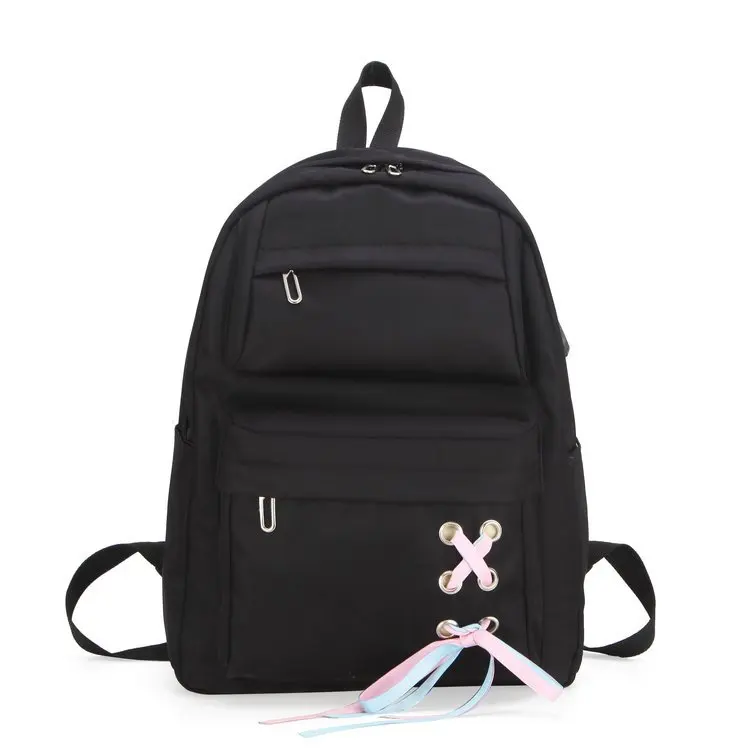 

Ougger Female School Backpack Waterproof Travel Bag Large Black Oxford Casual Multifunction Sport Bag with Ribbons for Outdoor